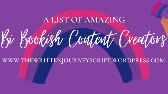 A pink, purple and blue rainbow on a purple background with text: A list of amazing bi bookish content creators